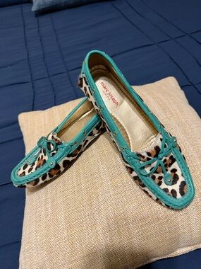 Marc Joseph Teal Trim Leopard Print Moccasins